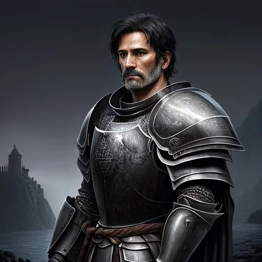 Prompt: highest quality concept art masterpiece, dark fantasy, Ravenloft, digital drawing, photo-realistic, Italian, Roma, short black hair, simple dull plate armor, adult male knight of the king, normal body, professional knight, commander, determined for success, dark, night, mists, coastal fort, 
