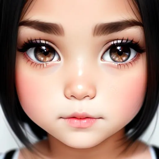 Prompt: little girl with black hair and big hazel eyes, darker colors