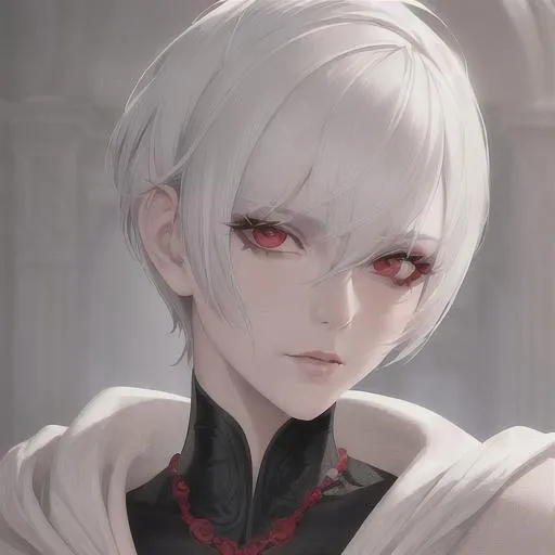 Prompt: "A close-up photo of a handsome girl with short pixie style hair, white hair, red eyes, wearing a kings robe, in hyperrealistic detail, with a slight hint of disgust in her eyes. His face is the center of attention, with a sense of allure and mystery that draws the viewer in, but her eyes are also slightly downcast, as if a sense of disgust is lingering in her thoughts. The detailing of his face is stunning, with every pore, freckle, and line rendered in vivid detail, but the image also captures the subtle emotions of disgust that might lie beneath her surface."