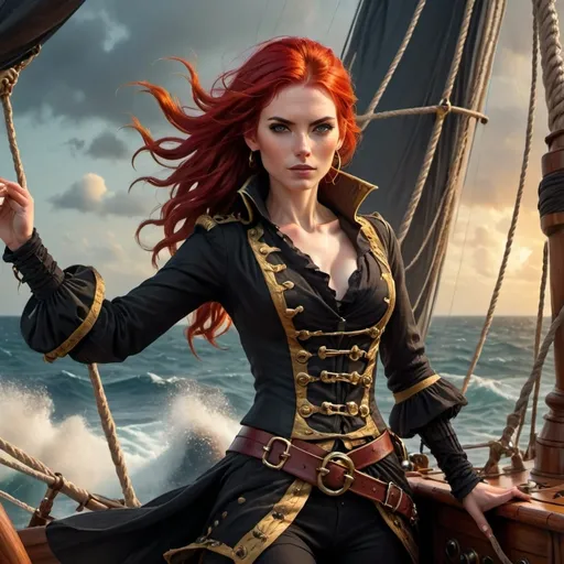 Prompt: (tall slender woman in full-body pose), striking (black and gold) pirate outfit, (bright red hair), standing confidently at the helm of a massive wooden sailing vessel, wind tousling her hair, vast ocean waves crashing against the ship, dramatic sunset casting warm golden and deep blue tones, inviting adventurous ambiance, ultra-detailed, high-quality, cinematic realism.