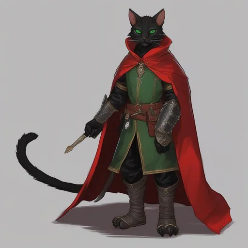 Prompt: DND a black male tabaxi with green eyes wearing black leather armor with a red cloak