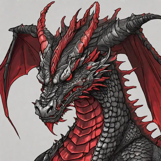 Prompt: Concept design of a dragon. Dragon head portrait. Coloring in the dragon is predominantly black with red streaks and details present.