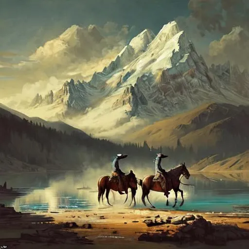 Prompt: Two cowboys riding horses near a lake with a snowy mountain in the background, westernpunk, oil painting, rugged terrain, vintage cowboy hats, dusty atmosphere, dramatic lighting, high quality, detailed horses, scenic landscape, wild west vibes, rustic color palette, atmospheric clouds, detailed boots