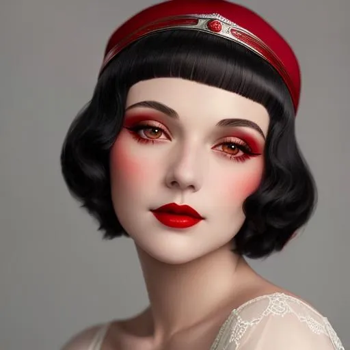 Prompt: a pretty girl  dressed in red,  flapper, wearing a  large red hat 1920's era, bob hair cut, 1920's era makeup, facial closeup