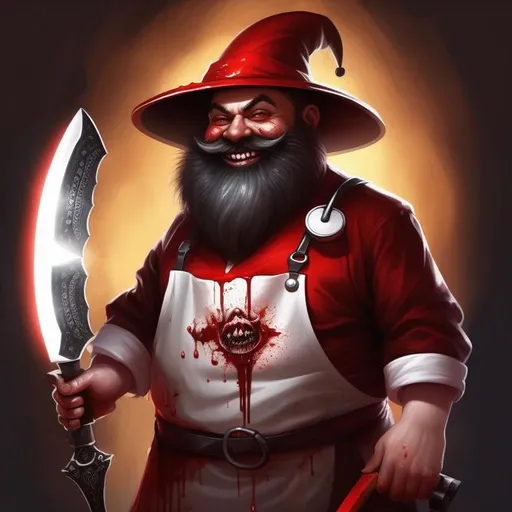 Prompt: portrait of a dwarf as an evil creature, holding a hack saw, blood, dripping blood, bloody apron, doctor, healing, dark magic, terrifying face, beard, red hat, creepy pose, full body, dramatic lighting, dark and horror, dust, sharp teeth, huge smile, red eyes, intricate, wild, highly detailed, digital painting, artstation, concept art, smooth, sharp focus, illustration, art by artgerm and greg rutkowski and alphonse mucha, footage from space camera