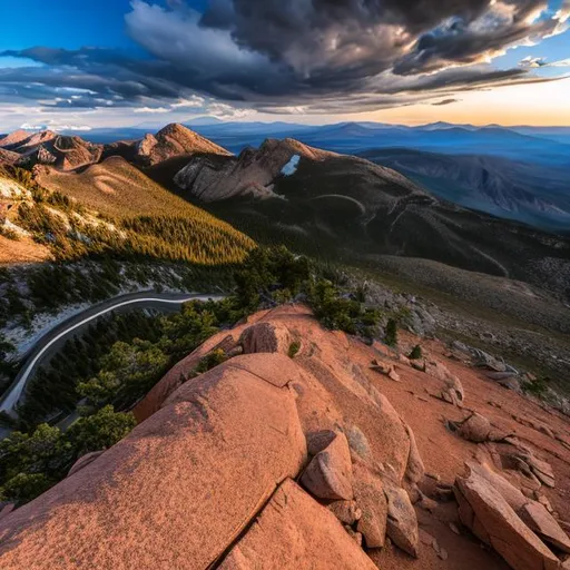 Prompt: long shot scenic professional photograph of Pikes Peak, perfect viewpoint, highly detailed, wide-angle lens, hyper realistic, with dramatic sky, polarizing filter, natural lighting, vivid colors, everything in sharp focus, HDR, UHD, 64K