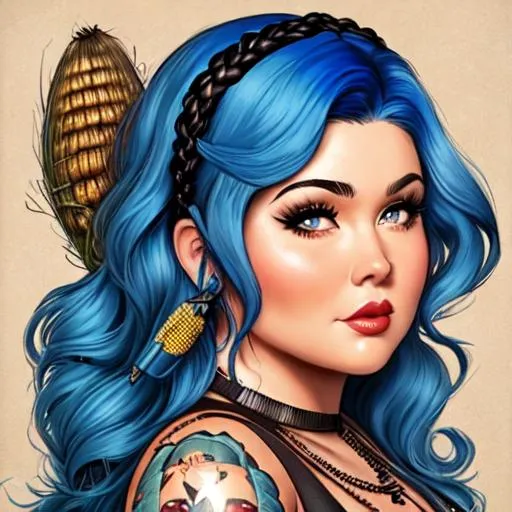 Prompt: ((( Chubby Pin-up woman with corn head blue hair))) tattoos (((big butt))) with ((( chubby Jason Mamoa with dark brown hair )))
