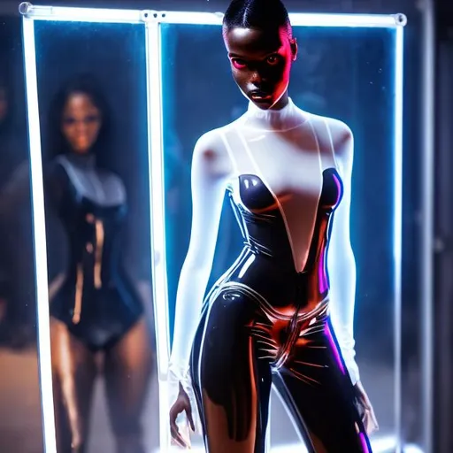 Prompt: full body shot of a revealing fashion model, black skin, red hair, thin figure, darkness, ultraviolet, high silver heels , white thong underwear appearing out from under the short oiled transparent latex overalls with a short transparent skirt,  silver , looking at camera alluringly, standing in a devious pose, hyperdetailed face, beautiful composition