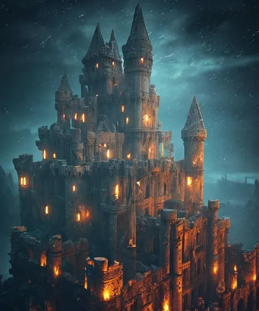 Prompt: a completely destroyed castle with debris floating in the air, night time, foreboding ruins, ancient ruins, muted colors, Victorian, gothic, dark, Masterpiece,  photo quality,  cinematic light, ((depth of field)), fractal isometrics details bioluminescence, Luminous Studio graphics engine, trending on artstation Isometric Centered hyperrealist cover photo awesome full color, gritty, glowing shadows, high quality, high detail, high definition, dark fantasy
