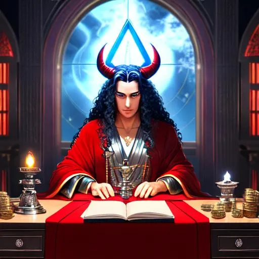 Prompt: Man with blue eyes long curly hair in a red robe facing forward, baphomet statue, a pile of coins on a desk, silver plate, shining pyramid, black orb on a desk, spirits wandering around the room, large windows looking out into the sky in the background