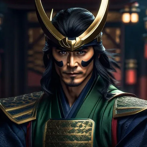 Prompt: Portrait of {Ninja loki from avengers}  in  {edo era Japan}, perfect composition, hyperrealistic, super detailed, 8k, high quality, trending art, trending on artstation, sharp focus, studio photo, intricate details, highly detailed,happy face, by greg rutkowski