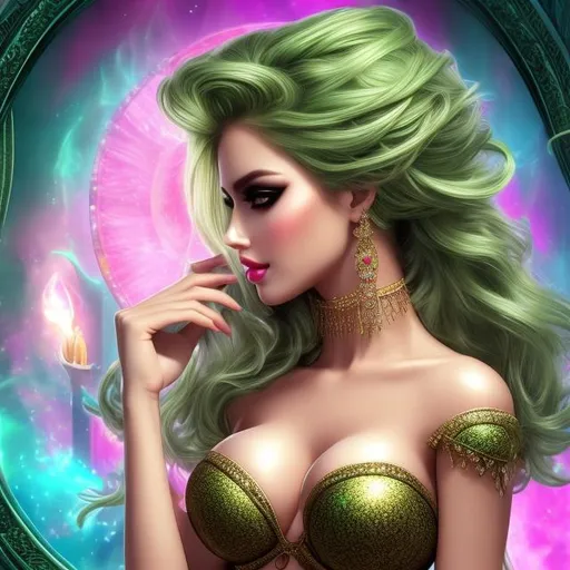 Prompt: HD 4k 3D 8k professional modeling photo hyper realistic beautiful evil woman ethereal greek goddess of sin
green hair updo dark eyes makeup gorgeous face olive very curvaceous figure skimpy clothes harlot full body surrounded by magical glow hd landscape background laying on chaise in harem