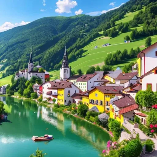 Prompt: Generate 4K paintings of a village in Austria with mountain and lakes and beautiful houses with Spanish architecture 