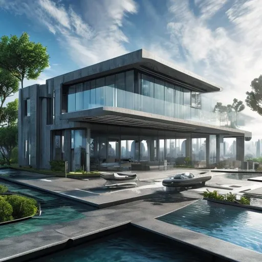 Prompt: Create a futuristic, ultra modern house, with floor to ceiling windows. science fiction scene.  Professional Photo Realistic Image, hyper detailed, intricately detailed, intricate detail, 8k resolution, masterpiece, splash arts, ultra details Ultra realistic, hi res, UHD, 64k, HDR.