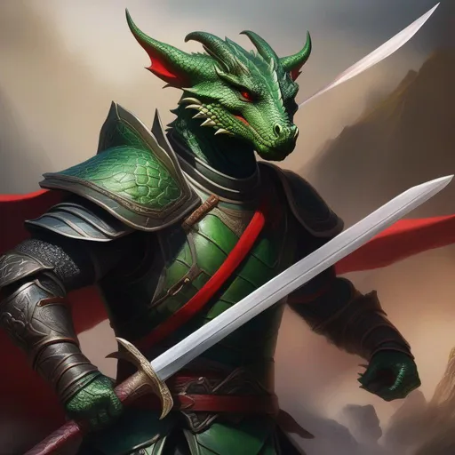 Prompt: A beautiful green and black Dragonborn with no hair, with a bright red scar on the right eye, sword fighting against a human, perfect composition, hyperrealistic, super detailed, 8k, high quality, trending art, trending on artstation, sharp focus, studio photo, intricate details, highly detailed, by Greg Rutkowski, illustration, watercolor