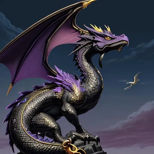 Prompt: a majestic well detailed black gold and purple dragon, well polished sky highly detailed, small birds in the sky very well detailed, in the style of leonard hale