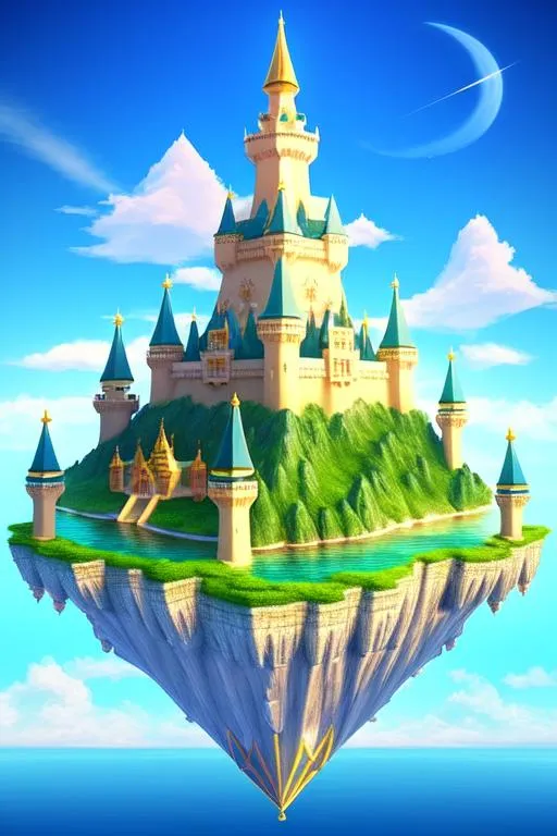 Prompt: a single floating island with castle ontop {(triangular-bottom)}, a small floating island in the sky, beige castle floating in the sky, {light blue sky}, fantasy art, {((upside-down pyramid island, upside-down triangular island))}, intricate detail, high quality, high detail, masterpiece, intricate facial detail, high quality, detailed face, intricate quality, intricate eye detail, highly detailed, high resolution scan, intricate detailed, highly detailed face, Very detailed, high resolution, complex visuals, fantasy artwork, inspired by Brothers Hildebrandt, cgsociety, skylands, isolationcore, solitudecore, flying in the sky, loading screen, UHD, 8k, Unreal Engine, RTX, pointy island, pointy island, ((upside-down stone pointy pyramid floating island, curved)), ((upside-down stone pointy pyramid floating island)), ((upside-down stone pointy pyramid floating island, curved)), level shot, horizontal shot, {upside-down pointy triangular stone island bottom holding the castle together, steep, -40° angle, curved}, straight flat shot scene, ▼, 🏰