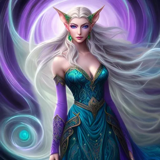 Prompt: Gorgeous fantasy style painting of an elf druid woman with platinum golden hair and violet eyes. She is wearing a flowing blue and silver gown and a purple pendant around her neck. Swirling designs on her skin.