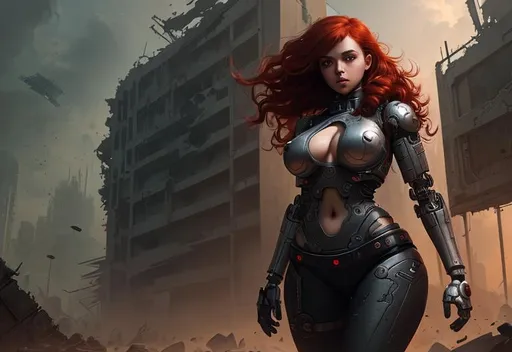 Prompt: young female cyborg in ruins, post-apocalyptic, Ilya Kuvshinov, red hair, long curly hair, red eyes, curvy body,  hourglass body,  detailed body, round face, (nude), cybernetic body, soft face