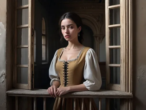 Prompt: Ana de Mendoza, imprisoned in her opulent but confining palace in Pastrana, wearing simple yet dignified clothing, reflecting on her fate through a barred window, with the austere and restrained interior of her confinement as the backdrop, capturing a sense of isolation and restrained grandeur, hyper-realistic, photo realism, cinematography --ar 9:16"