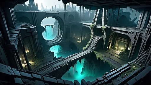 Prompt: very dark, complete darkness, huge underground cavern, ruins of a frosty fantasy city, aerial view, view from above, top-down view, thick pylons, blackened wreckage, scattered debris, dead trees, snowy, frozen, large obelisks, archways, eerie green lights, glowing blue sconces, ancient aztec architecture, polygonal buildings, polygonal shapes, shattered domes, broken buildings, crumbled buildings, broken aqueducts, cold lighting, city lights, magical lighting, fantasy lighting, hyper realistic, highly detailed, somber mood, desolation of cybertron, exposed floors, exposed rooms, brent metal struts, exposed rebar, exposed wiring, exposed sewer system, futuristic cyberpunk tech-noir setting, robotic city, interconnected buildings, devastated infrastructure, loose wiring, busted pipes, broken spires, multiple levels, gloom, bioluminescent lichen