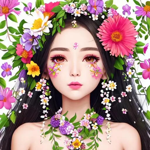 Prompt: flowers sprouting everywhere from all over the body including the eye sockets and the clothes are made out of flowers too hair made out of thin vines with blooming flowers skin covered with flower petals mouth with flowers nostrils with flowers eyelashes flowers