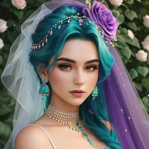 Prompt: woman with turquoise jewels in her hair and purple roses