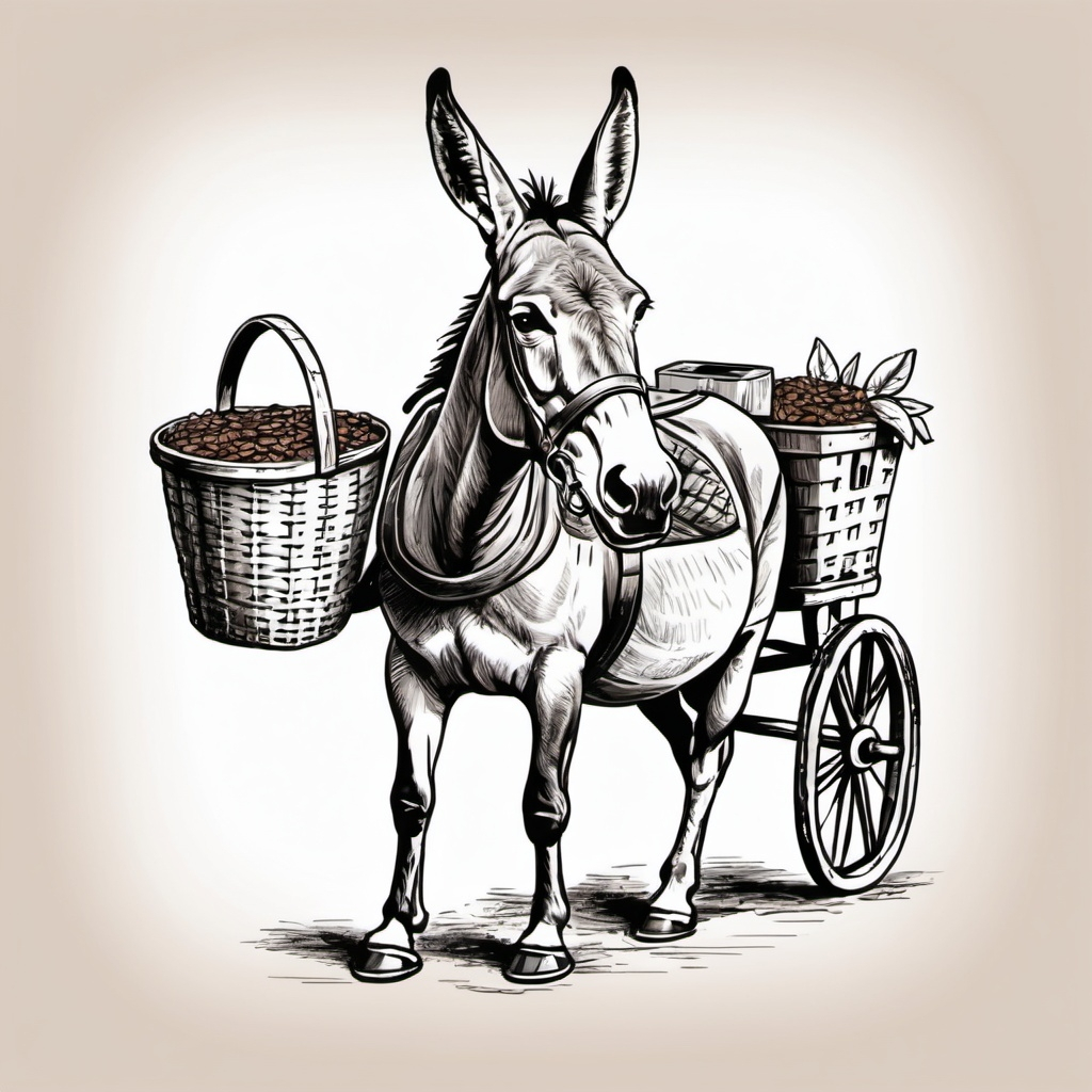 Hand drawn sketch of mule with basket full of coffee on its back vector illustration high quality