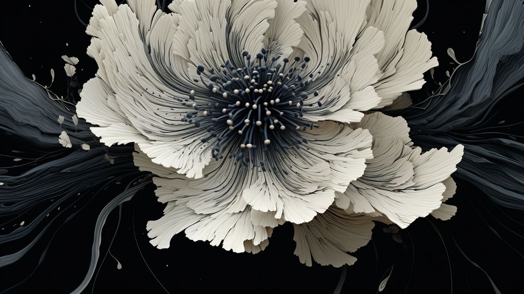 Prompt: a large black flower with a white flower in the middle, in the style of rough-edged 2d animation, cellular formations, tangled nests, paleocore, reduction of canine anatomy, microfilm, made of feathers