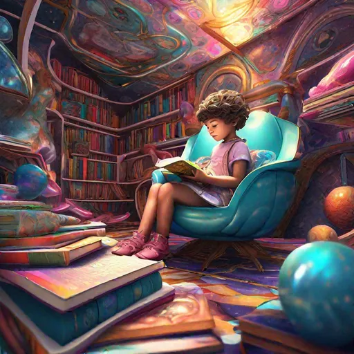 Prompt: hyperdetailed + non-realistic illustration of an enchanted + beautiful child reading books, portraied inside a futuristic + maximalist + hyperdetailed room. in the style of Caravaggio, Michelangelo, Paul Gauguin, with flemish baroque vibrant shiny maximalist 3d textures in soft pastel tones. matte background. HD 8x sharp