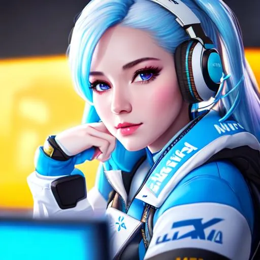 Prompt: 4K, 16K, picture quality, high quality, highly detailed, hyper-realism, skinny woman, hana song from overwatch, d.va from overwatch, playing games, white and blue hair, gaming girl