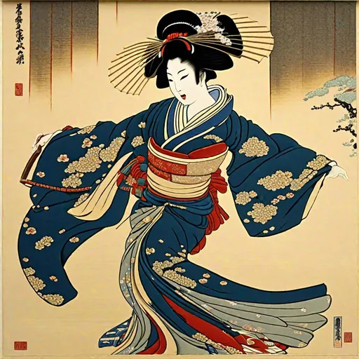 Prompt: "an intricately_detailed_STUNNINGLY_BEAUTIFUL_JOYOUS_GEISHA_dancing Kyomai!! on_stage || Twirling!! Movement!! A beautiful_joyous_face_lost_in_the_joy_of_the_dance!! perfect_ultra-detailed_slender_hands!! Katsushika Hokusai A breathtaking borderland artwork by Android Jones, Jean Baptiste monge, Alberto Seveso, Erin Hanson, Jeremy Mann. highly detailed and intricate professional photography, a masterpiece, 16k resolution concept dramatic up light coming through the translucent wet floor"