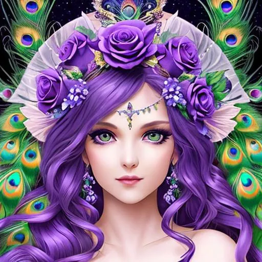 Prompt:  peacock fairy goddess, purple roses, facial closeup