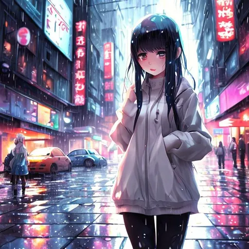Premium Photo | Anime girl in raincoat standing in the rain in the city  generative ai