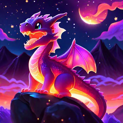 Prompt: A translucent baby dragon that is glowing, yawning, beneath the stars, sunset, volcano background, highres, best quality, concept art