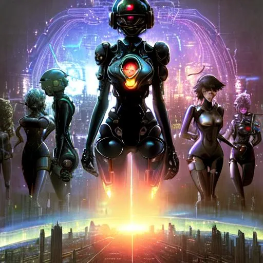 Prompt: Eight gynoid sister-muses witness the Battle of Hopepunk Boulevard from the city ramparts while searching for their lost android brother, during the Dreamtropolis Uprising of 2066 CE. helmet devices, modular vehicles, fantasy sci-fi art, luis royo, sorolla, romanticism, heart details, fireflies around, holographic volumetric lighting, occlusion, Unreal Engine 5 128K UHD Octane, fractalized, fBm, mandelbrot