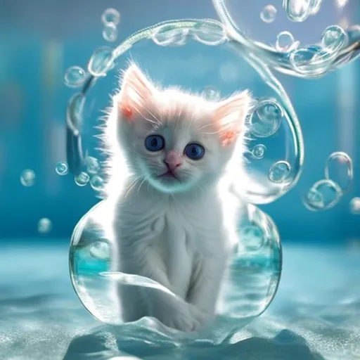 Prompt: White kitten sitting in bubbles


