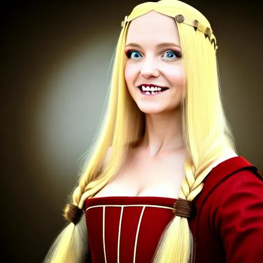 Prompt: A woman wearing a medieval dress, blonde lady, long hair, full face, hyper tedailed, background camp, realistic.