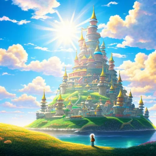 Prompt: Colored pencil anime picture of a floating castle, partly sunny sky, highly detailed, hayao miyazaki, hd