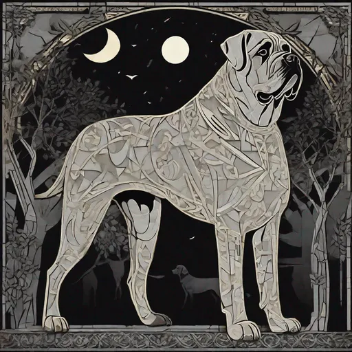 Prompt: the anthropocore mastiff under the harvest moon on a dark street corner: in the style of vector pro illustration, stencil-like imagery, pagan art, mythcore, art nouveau, animated mosaics, geometric shapes, intricate ￼dreamlike motifs, asymmetry, illuminated, black, white, dark silver, light gray, ethereal figures, nocturne, intricate costumes:: make 3D cartoon: