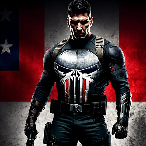 Prompt: High-resolution hyperrealistic photo of {{the punisher}} [[frank castle]] merged with captain america {{steve rogers}}, skull logo, black and crimson and grey costume, tattered US flag, uhd, hdr, 64k