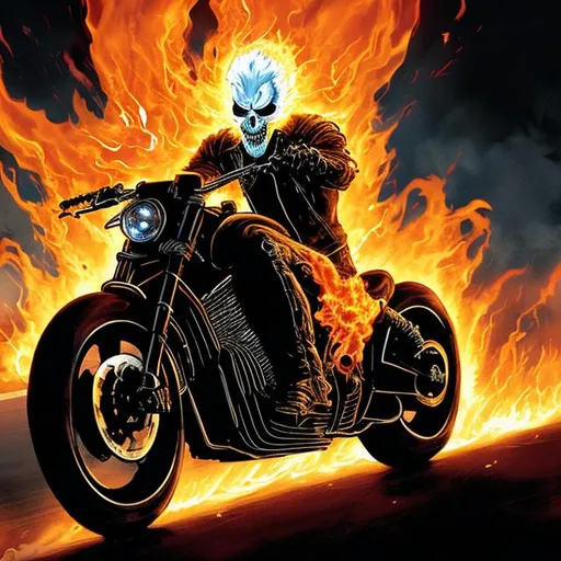 Prompt: GhostRider from marvel on a flaming tron motorcycle while ghost Riders skull is on fire.