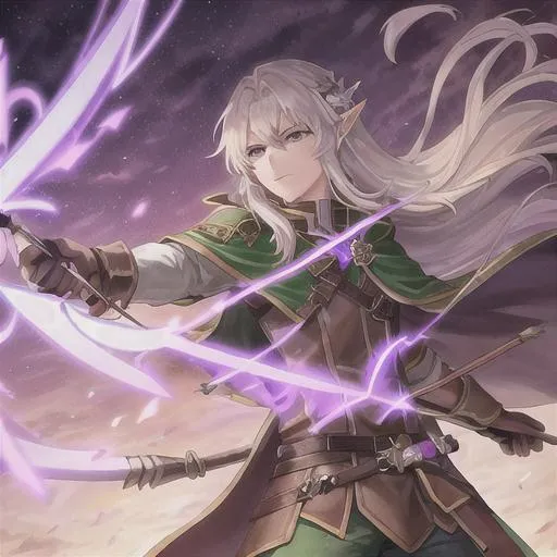 Prompt: Young male Wood elf with long white hair and purple eyes, leather and green cloth outfit, bow and arrow, quiver, forest, dnd, fantasy, stoic, dark brown cloak, cloak with hood on, Gloves, purple lightening, rugged, 