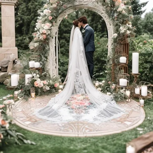 Prompt: a brilliantly detailed and illustrative art nouveau style wedding arch including pastel colors, forest, floral and ethereal elements in front of a white fireplace outdoors