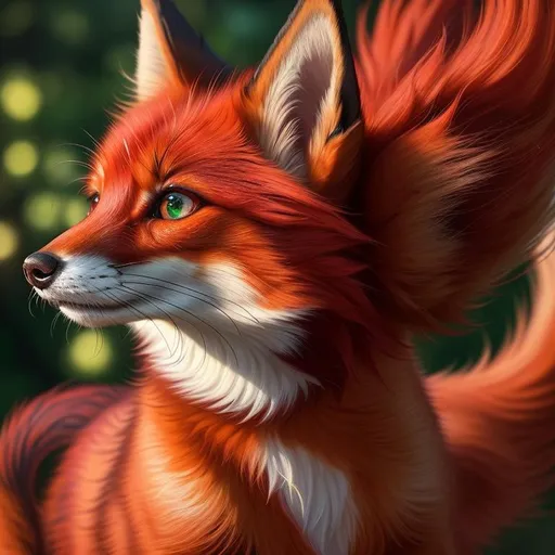 Prompt: remove ear, add hair, make tail soft and fluffy, masterpiece, professional oil painting, hyper real, 64k, best quality, tiny scarlet ((fox kit)), (canine quadruped), fire elemental, silky scarlet-red fur, highly detailed fur, realistic, timid, ((insanely detailed alert emerald green eyes, sharp focus eyes)), sharp details, gorgeous 8k eyes, insanely beautiful, extremely beautiful, fluffy glistening gold neck ruff, energetic, anime fantasy, two tails, (plump), fluffy chest, fluffy cheeks, enchanted, magical, finely detailed fur, photo realism, hyper detailed fur, (soft silky insanely detailed fur), presenting magical jewel, beaming sunlight, lying in flowery meadow, professional, symmetric, golden ratio, unreal engine, depth, volumetric lighting, rich oil medium, (brilliant dawn), full body focus, beautifully detailed background, cinematic, 64K, UHD, intricate detail, high quality, high detail, masterpiece, intricate facial detail, high quality, detailed face, intricate quality, intricate eye detail, highly detailed, high resolution scan, intricate detailed, highly detailed face, very detailed, high resolution