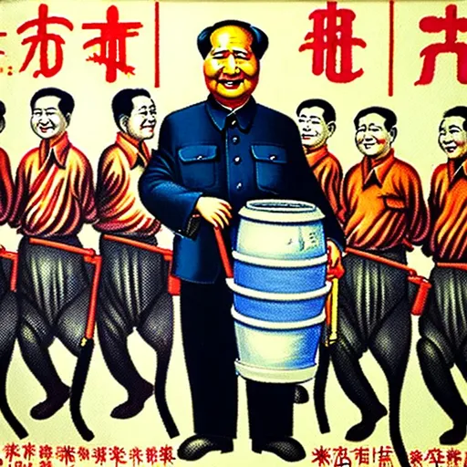Prompt: 1960s Chinese propaganda poster of a smiling Mao Zedong carrying a water buckets on a horizontal bamboo pole over his shoulder, Mao Zedong is surrounded by farmers and workers, Mao is in a village, highly detailed, highly decorated, masterpiece