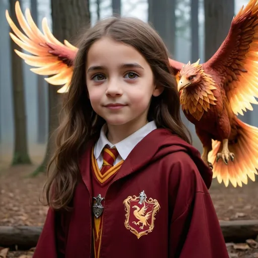 Prompt: Little Gryffindor witch with brown hair and brown eyes and her Phoenix Patronus