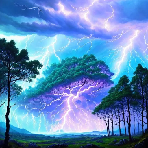 Prompt: 64k, UHD, masterpiece, best quality, illustration, acrylic painting, artstation, perfect composition, beautiful epic (lightning elemental wolf), snarling, (diamond armor:2), scar on eye, bounding through a {whimsical forest of giant trees}, thunderstorm, lightning charged atmosphere, crackling lightning, (lightning spear:2), powerful, psychedelic colors, body crackling with lightning, cinematic, vibrant, highly detailed glistening fur, wild billowing fur, sharp expressive eyes, beautifully detailed face, highly detailed sky, detailed pastel clouds, detailed brush strokes, detailed pencil strokes, detailed digital brush strokes, symmetric, full body focus, unreal engine, high octane render, professional