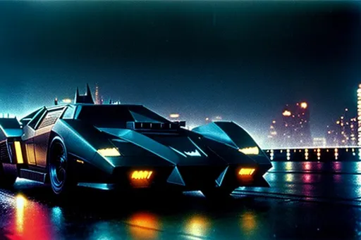 Prompt: A hyper-realistic photo for the Batmobile from Batman (1989), night-exposure, rainy, futuristic city like Blade Runner.