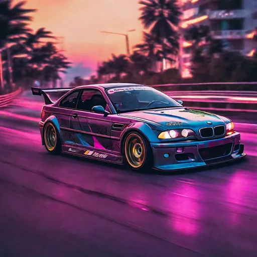 Prompt: 2001 BMW M3 E46 GTR, synthwave, aesthetic cyberpunk, miami, highway, dusk, neon lights, coastal highway, dusk, neon lights, coastal highway, sunset, drift, nurburgring, water on the road, blade runner, 64k, watercolor, macro sharp focus, 8, hyper realistic, cinematic, highly detailed, photoraelistic, clean, formula drift, burnout